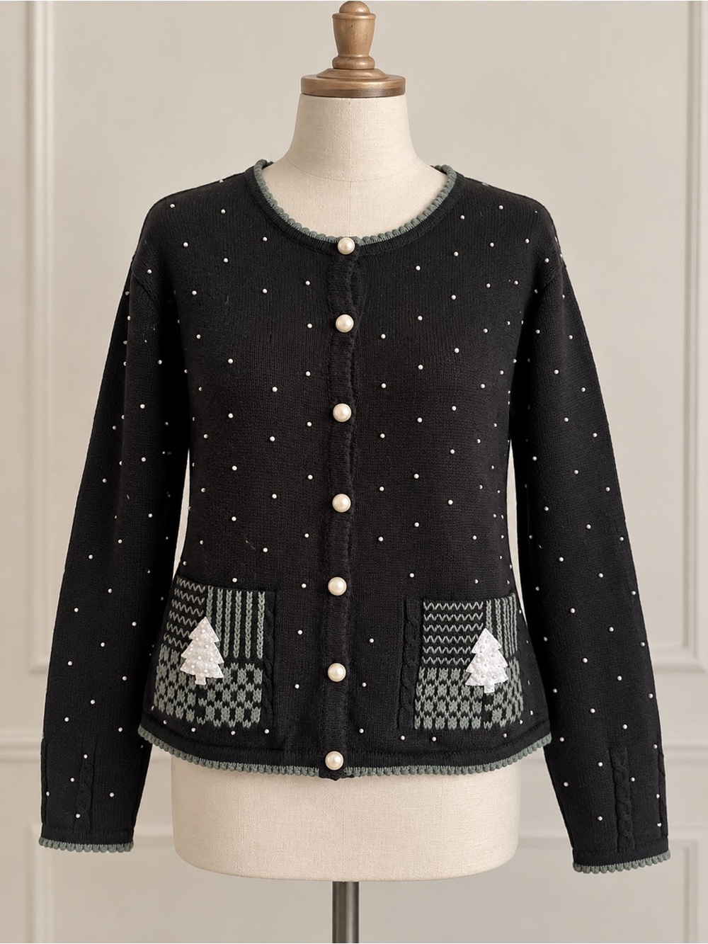 Vintage Y2K Christopher & Banks Hand Embroidered Christmas Cardigan Pearl Beaded